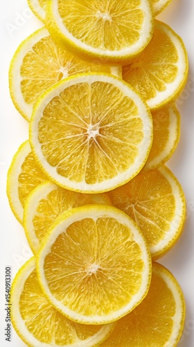 Bright Yellow Lemon Slices Arranged Artistically on a White Background in a V...