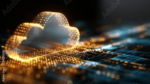 Glowing golden cloud made of dots floats above a futuristic circuit board pattern on a dark background, symbolizing cloud computing technology