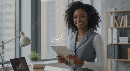 Business Growth: Confident Black woman in her 30s using tablet showing financial analytics in modern office.