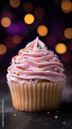 Delicious Cupcake With Pink Frosting and Colorful Sprinkles Against a Festive...