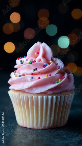 Delicious Cupcake With Pink Frosting and Colorful Sprinkles Against a Festive...