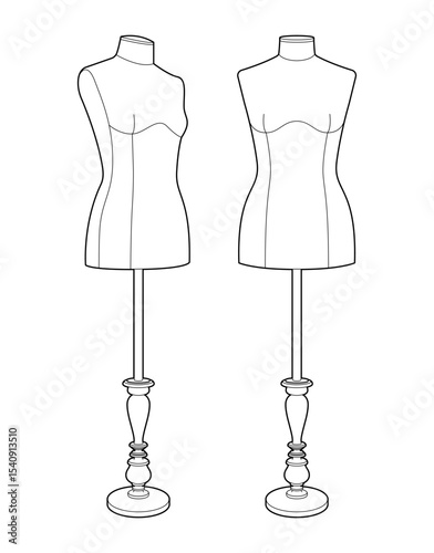 Black outline vector illustration of two female dressmaker mannequins. Fashion design and tailoring dummy forms on stands. Minimalist contour style on white background.