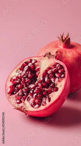 Vibrant Pomegranate Halved Revealing Juicy Seeds Against a Soft Pink Background