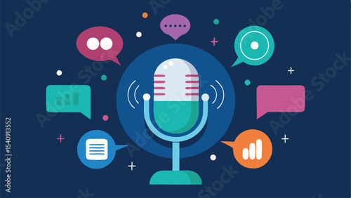Podcast and communication design illustration with colorful speech bubbles and graphic elements