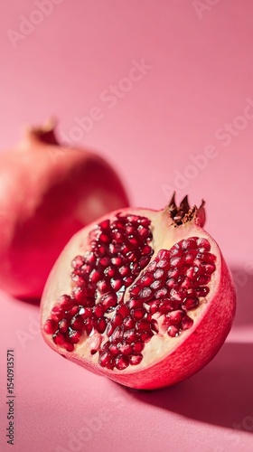 Vibrant Pomegranate Halved Revealing Juicy Seeds Against a Soft Pink Background.