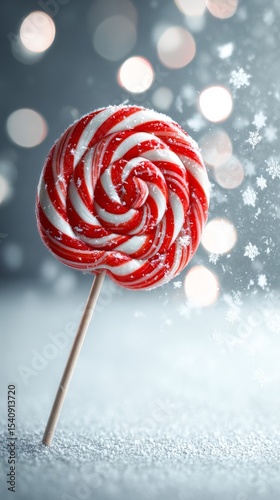 Lollipop on Stick Surrounded by Snowflakes and Soft Bokeh Lights in Winter Se...