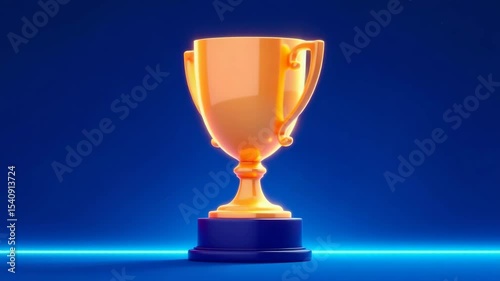 Shiny golden trophy cup with smooth lighting effect, digital art style, glowing blue background, concept of success and achievement