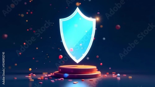 A glowing blue shield floats above a pedestal with colorful particles around, digital style on dark backdrop, symbolizing protection and cybersecurity