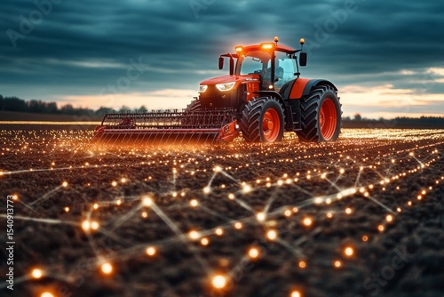 Tractor Cultivating Field With Glowing Lights Under Twilight Sky in Rural Set...