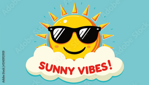 Smiling cartoon sun wearing sunglasses with cheerful expression, rising above fluffy clouds, bright background, playful concept of summer or vacation