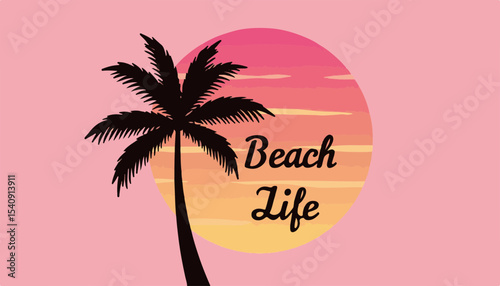 Wallpaper Mural Beach-themed graphic featuring a silhouette of a palm tree against a vibrant sunset circle with warm hues, representing relaxation and leisure, concept of travel agency or lifestyle brand Torontodigital.ca