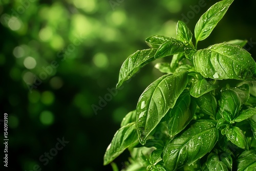 Fresh Basil Leaves Glistening With Water Droplets in a Lush Green Garden