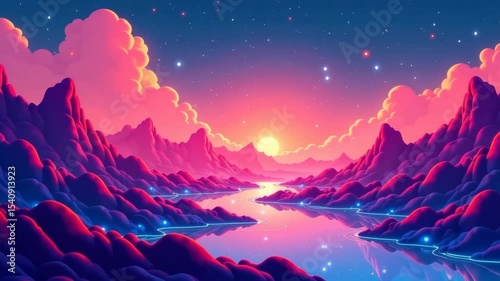 Dreamlike pink and purple mountains with glowing river and stars, in a surreal graphic style on a twilight sky background, concept of fantasy world