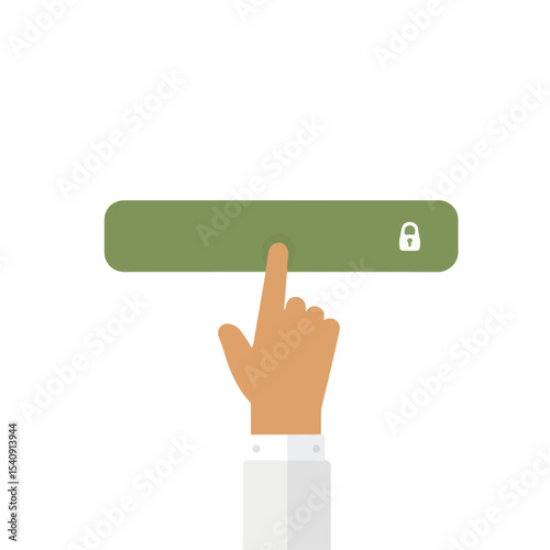 Hand pressing a green button with a lock symbol, minimalistic design, on a white background, security concept for technology or digital services