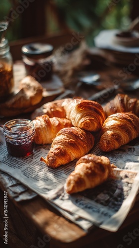 Freshly Baked Croissants and Coffee Served on a Rustic Table With Jam.