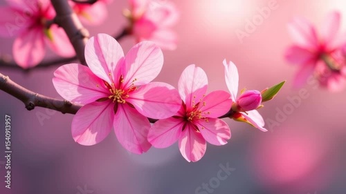 Close-up of pink cherry blossoms blooming on tree branch, soft focus background in pastel colors, symbolizing spring and renewal