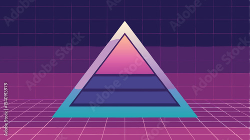 Retro pyramid geometric illustration with gradient and grid in 1980s digital aesthetic