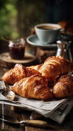 Freshly Baked Croissants and Coffee Served on Rustic Table With Jam.