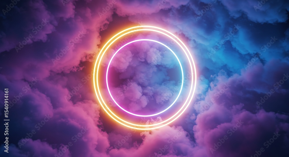 Obraz premium Abstract neon circle cloud background glowing light effect wallpaper design for graphic projects
