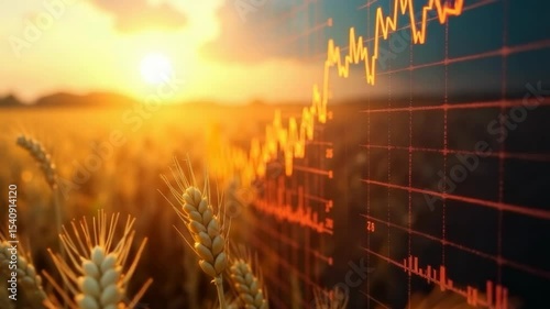 Golden wheat field at sunset with glowing stock market graph overlay, symbolizing agricultural economics and crop trading trends