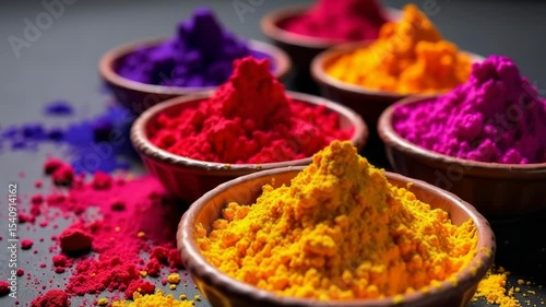 Bright Holi powder in small bowls, captured in realistic photo style, on dark background, symbolizing celebration and cultural festivity