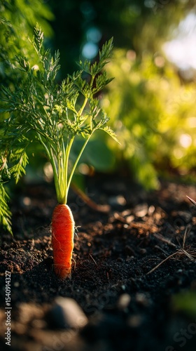 Freshly Harvested Carrot Stands Upright in a Garden During Golden Hour Light