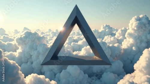 Metallic triangular structure levitating among fluffy clouds, photorealistic style, bright sky background, concept of surrealism and mystery