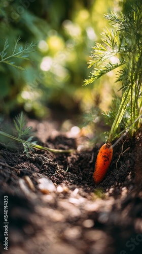 Freshly Harvested Carrot Stands Upright in a Garden During Golden Hour Light.