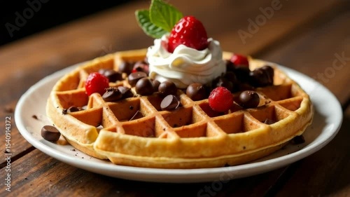 Delicious golden waffle served on a plate, topped with whipped cream, berries, and chocolate chips, on a rustic wooden table background
