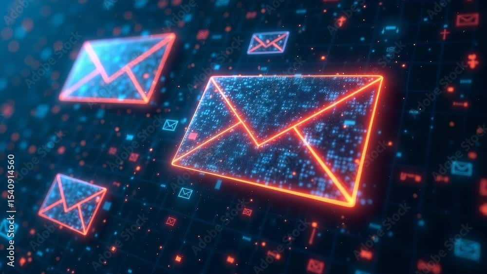 Neon-lit digital envelopes float in a glowing cyber environment with a dark tech grid background, symbolizing secure email communication