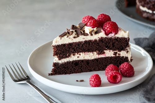 Decadent Chocolate Cake Slice Garnished With Fresh Raspberries on a White Plate.