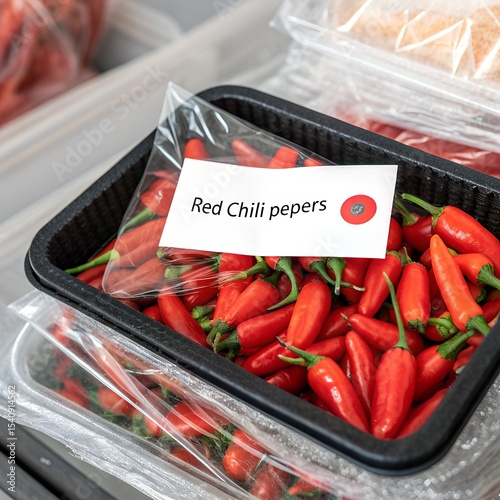 A tray filled with fresh red chili peppers, labeled as 'Red Chili Peppers'. The peppers are vibrant and arranged neatly in a black container.