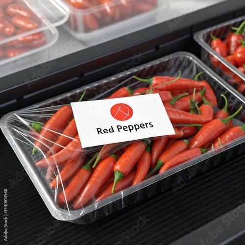 A clear plastic container filled with fresh red peppers. The peppers are vibrant and glossy, arranged neatly. A label on the container reads 'Red Peppers'.