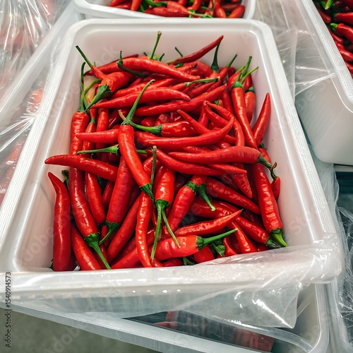 Fresh red chili peppers in a white plastic container. The peppers are vibrant and arranged neatly, showcasing their glossy texture and green stems.