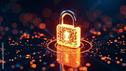 Bright orange padlock with circuit pattern glowing in digital style, set on a dark tech-inspired background, symbolizing cybersecurity