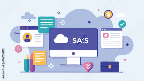 Saas software as a service technology illustration design with cloud computing elements
