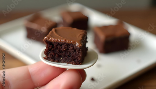 Mini chocolate brownie on dish showing humorous low carb diet tip for ultra processed dessert moderation