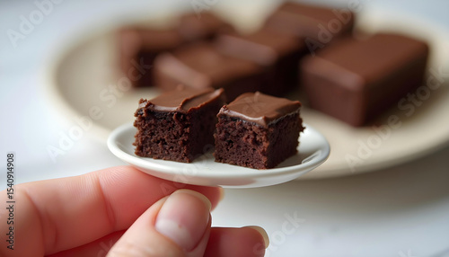 Mini chocolate brownie on dish showing humorous low carb diet tip for ultra processed dessert moderation