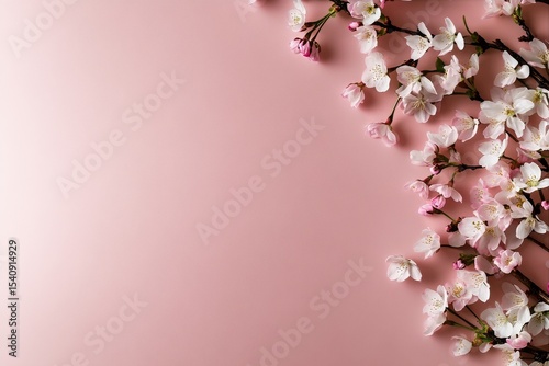 Cherry Blossoms Arranged on a Pink Background Create a Calming Spring Aesthet...