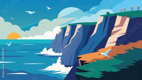 Scenic coastal cliff landscape with birds and people in a modern flat design