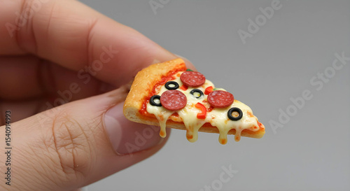 Miniature pepperoni pizza on fingertip humorously illustrating low carb portion control for ultra processed foods