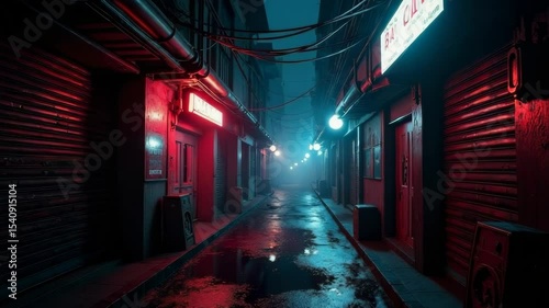 Dimly lit urban alleyway with closed shop shutters, wet reflective ground, neon red and blue lights, night city atmosphere, cyberpunk feel