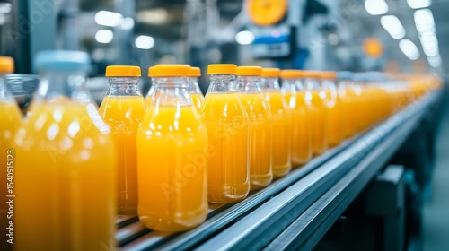 Conveyor Belt of Orange Juice Bottles Industrial Production, Close-up, Bottling Line Juice Packaging,Factory Production