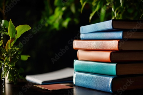 Vintage Books Stacked on a Wooden Shelf in a Cozy Library With Blurred Lights...