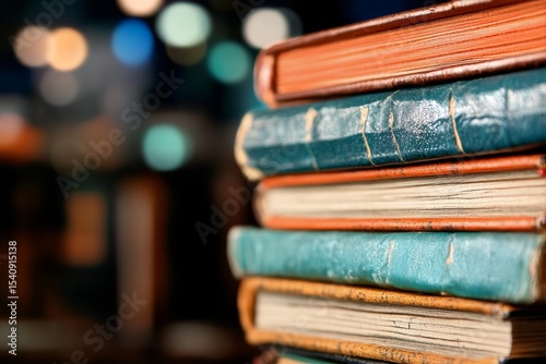 Vintage Books Stacked on a Wooden Shelf in a Cozy Library With Blurred Lights...