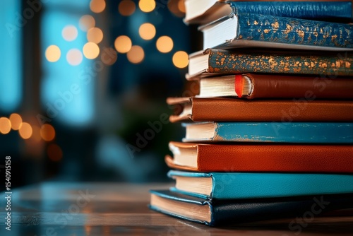 Stacked Vintage Books on a Wooden Table With Warm Bokeh Lights in a Cozy Read...