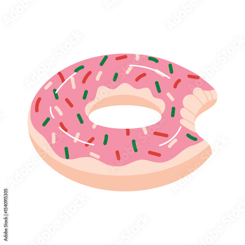Inflatable pool float in shape of bitten donut with pink glaze and sprinkles. Fun summer swim ring. Vector illustration isolated on white background