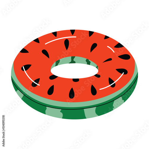 Inflatable summer swim ring in shape of a watermelon slice. Bright pool float in flat style. Vector illustration isolated on white background.