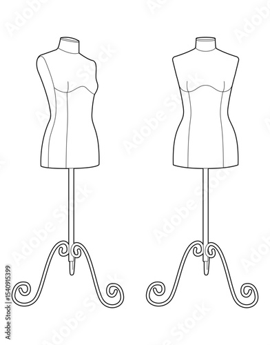 Black outline vector illustration of two female dressmaker mannequins. Fashion design and tailoring dummy forms on stands. Minimalist contour style on white background.