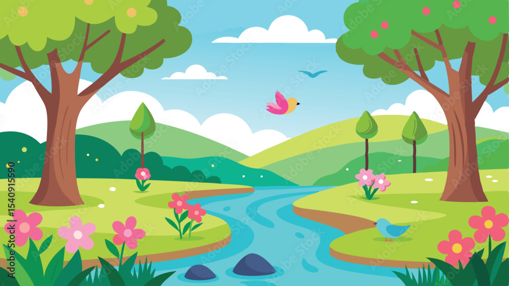 Fototapeta premium Scenic landscape illustration featuring trees river birds flowers and greenery